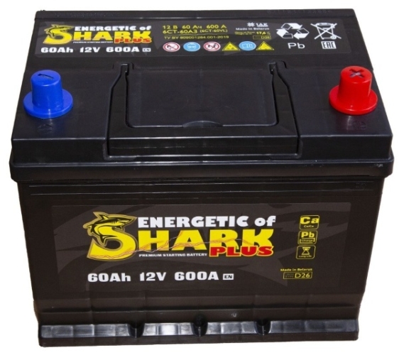 Батарея аккумуляторная ENERGETIC of SHARK ESPA603R 60А/ч 620А обратная полярн. выносные (Азия) клеммы