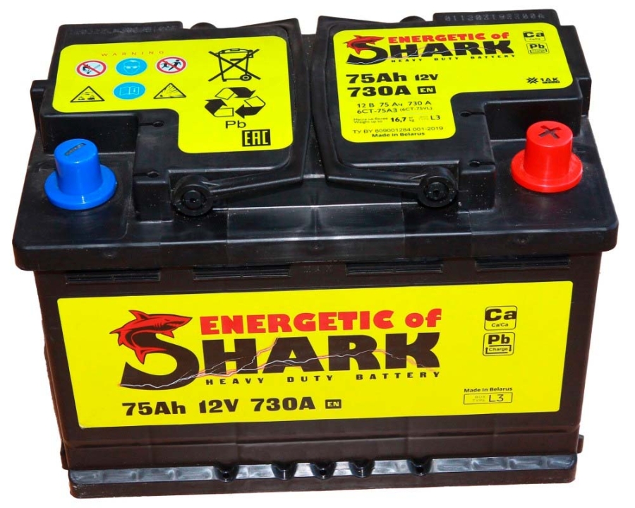 Батарея аккумуляторная ENERGETIC of SHARK ES753R 75А/ч 730А обратная полярн. стандартные (Европа) клеммы
