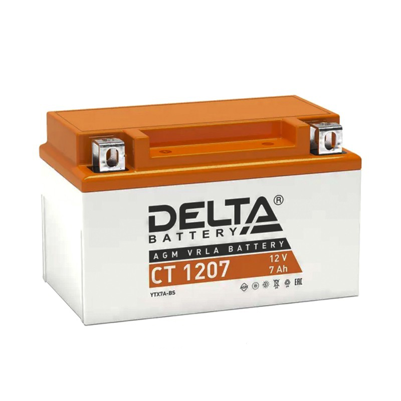 Батарея аккумуляторная DELTA Battery CT1207 мото AGM 7А/ч 105А 12V Прямая полярн. болтовые мото клеммы