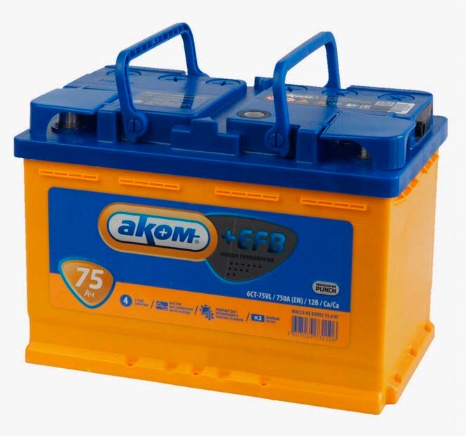 Батарея аккумуляторная АКОМ 6CT750 АКОМ EFB+ 75А/ч 750А 12V Обратная полярн. стандартные 